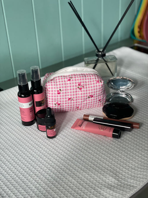Boxy Pouch - Pink and White Checkered embroidered with Strawberries and Cherries - Small