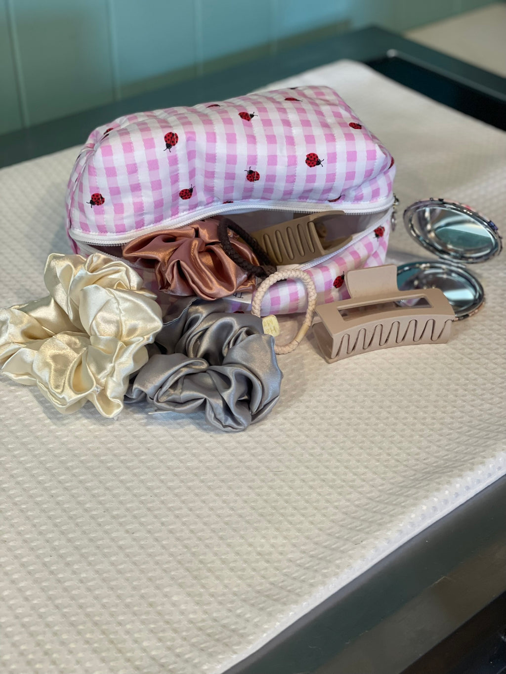 Boxy Pouch - Pink and White Checkered with Ladybirds - Medium