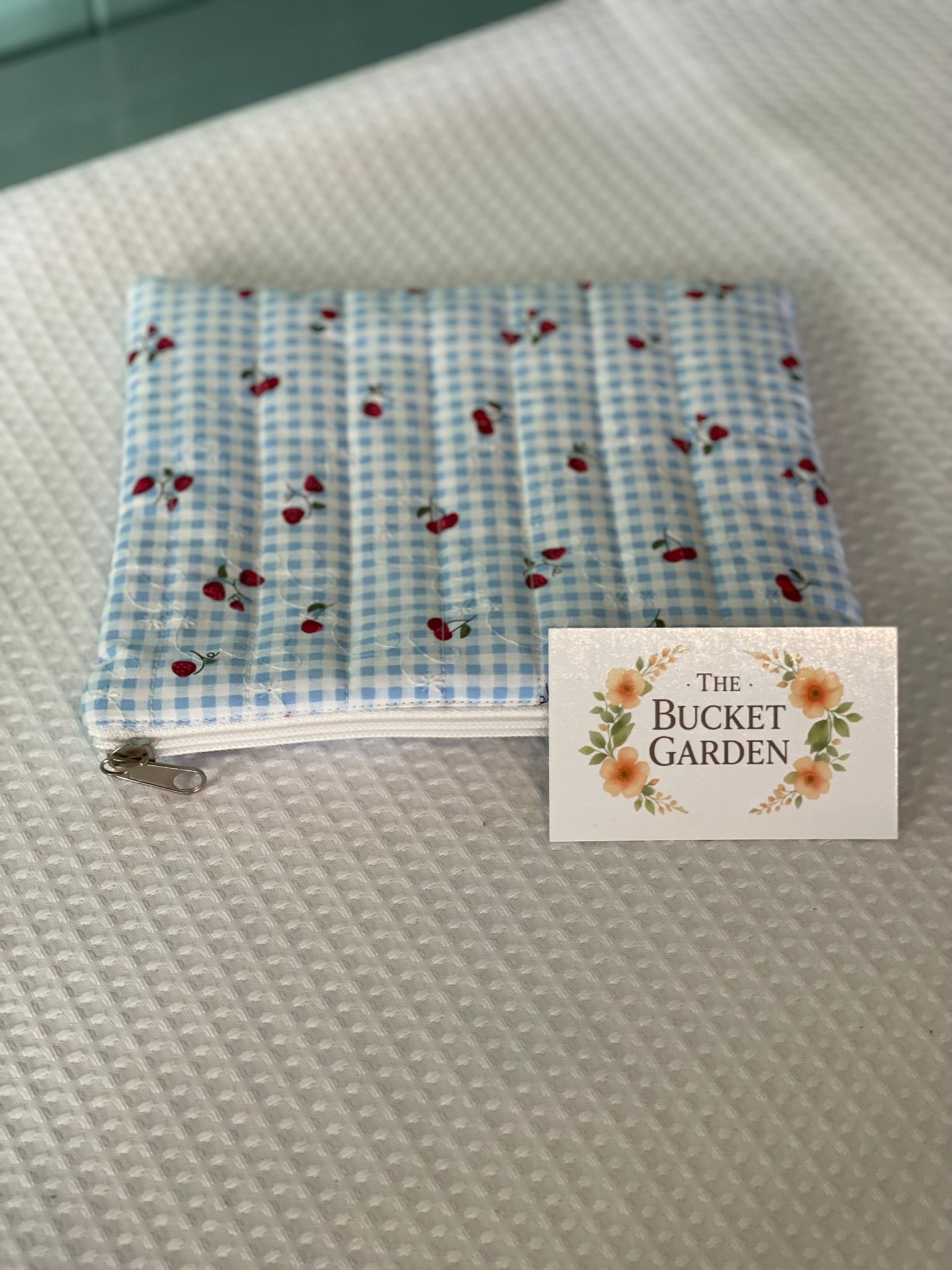 Everyday Pouch - Blue and White check with Strawberries and Cherries
