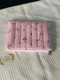 Everyday Pouch - Pink and White Checkered embroidered with Strawberries and Cherries - Small