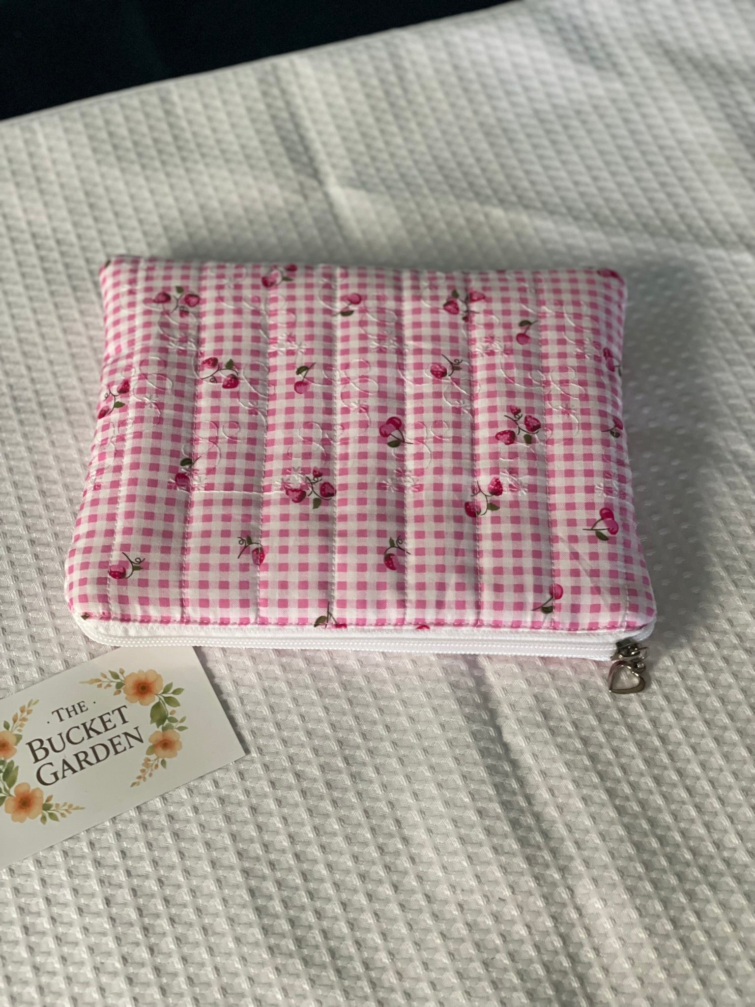 Everyday Pouch - Pink and White Checkered embroidered with Strawberries and Cherries - Small
