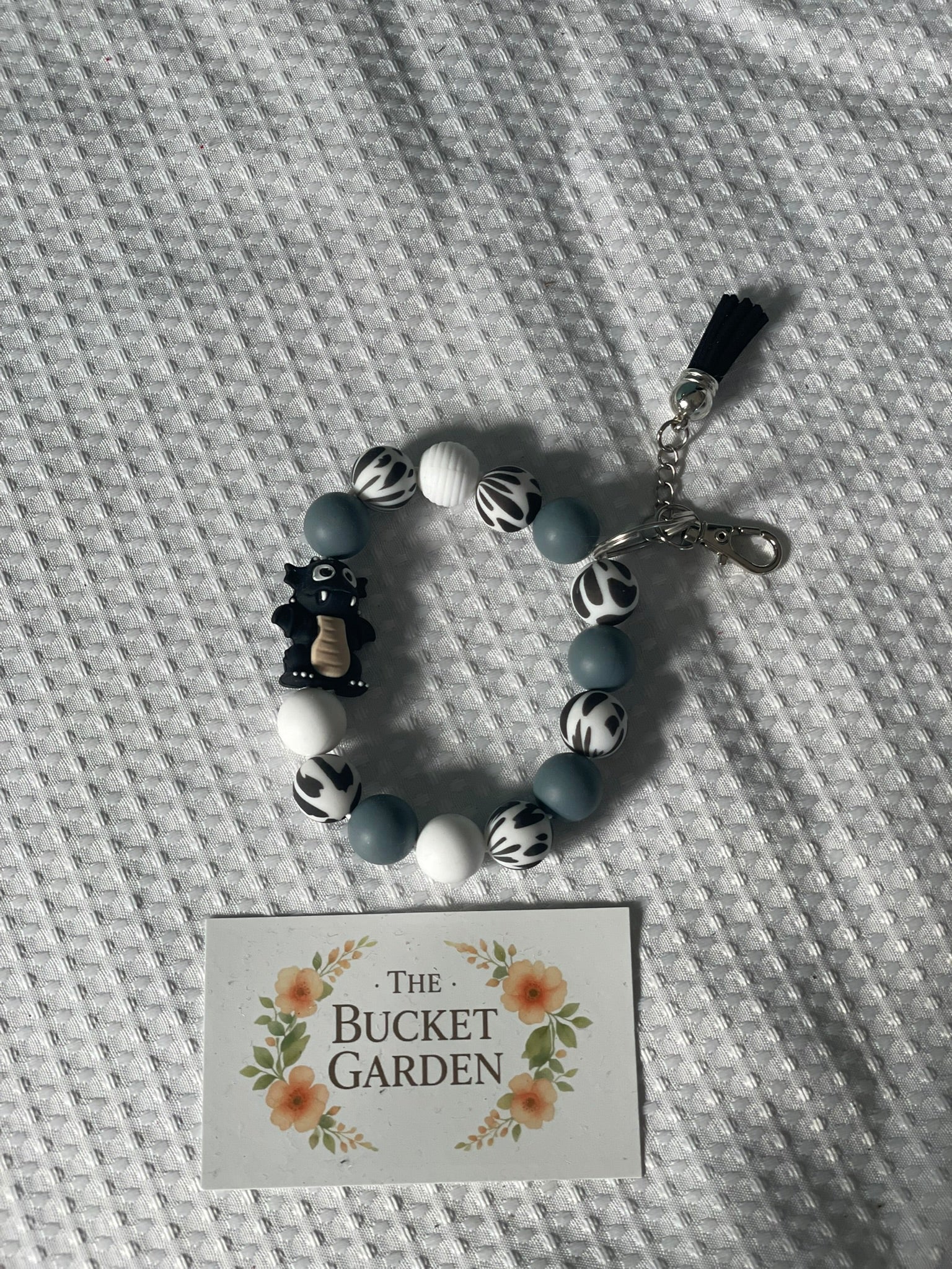 Wristlet - Black Grey and White with Black Dragon