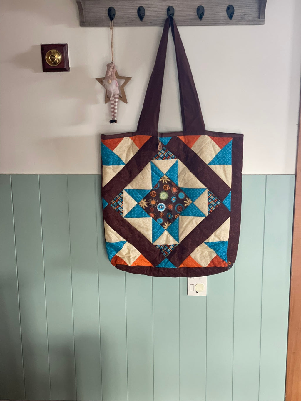 Everyday Tote Bag - Quilted Patchwork Orange/Blue and Brown