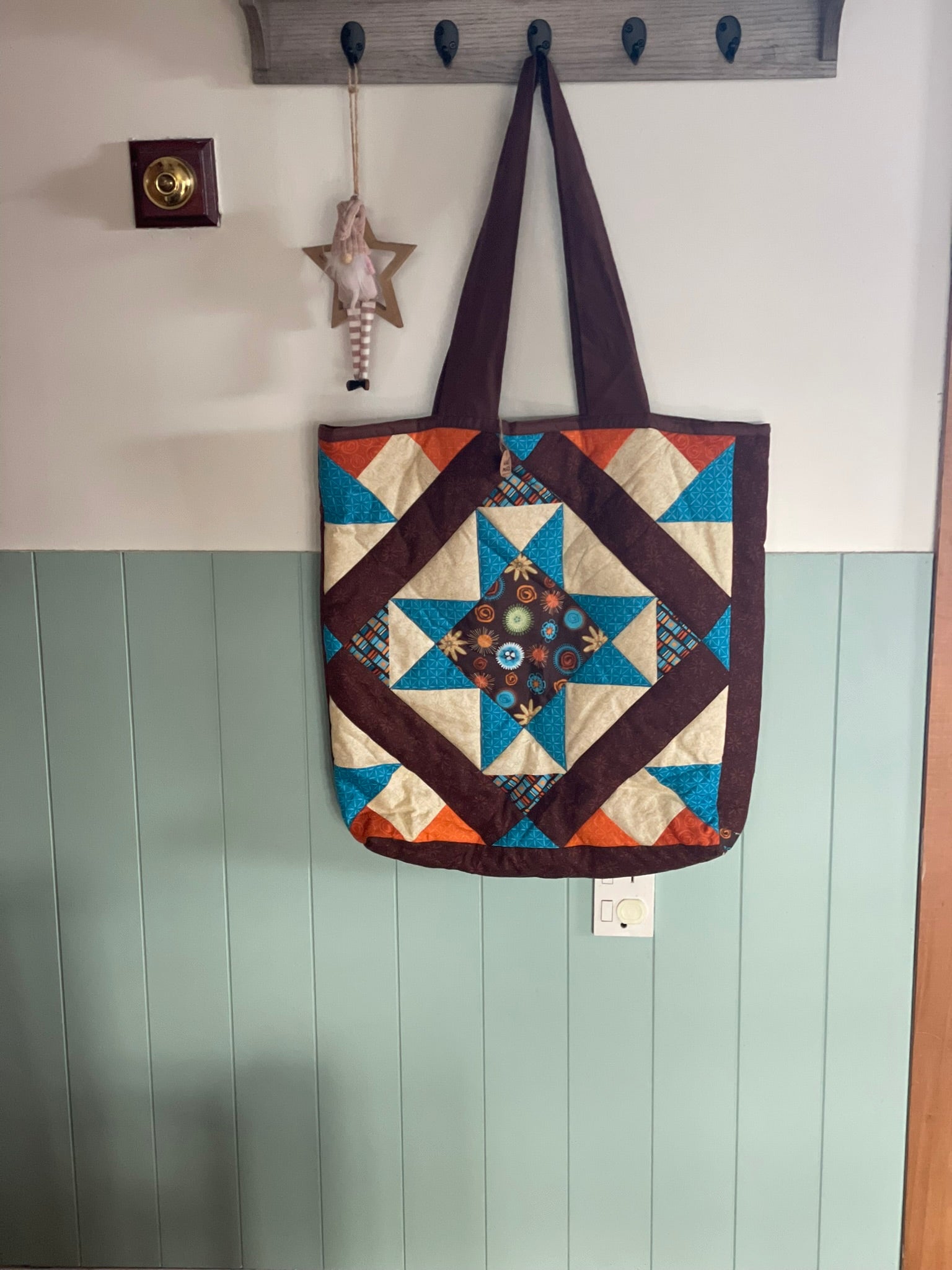 Everyday Tote Bag - Quilted Patchwork Orange/Blue and Brown
