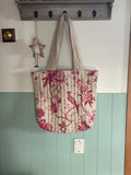 Everyday Tote Bag - Quilted linen with Dark Pink Pheasant