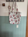 Everyday Tote Bag - Quilted Vintage Cotton White with Pink Roses