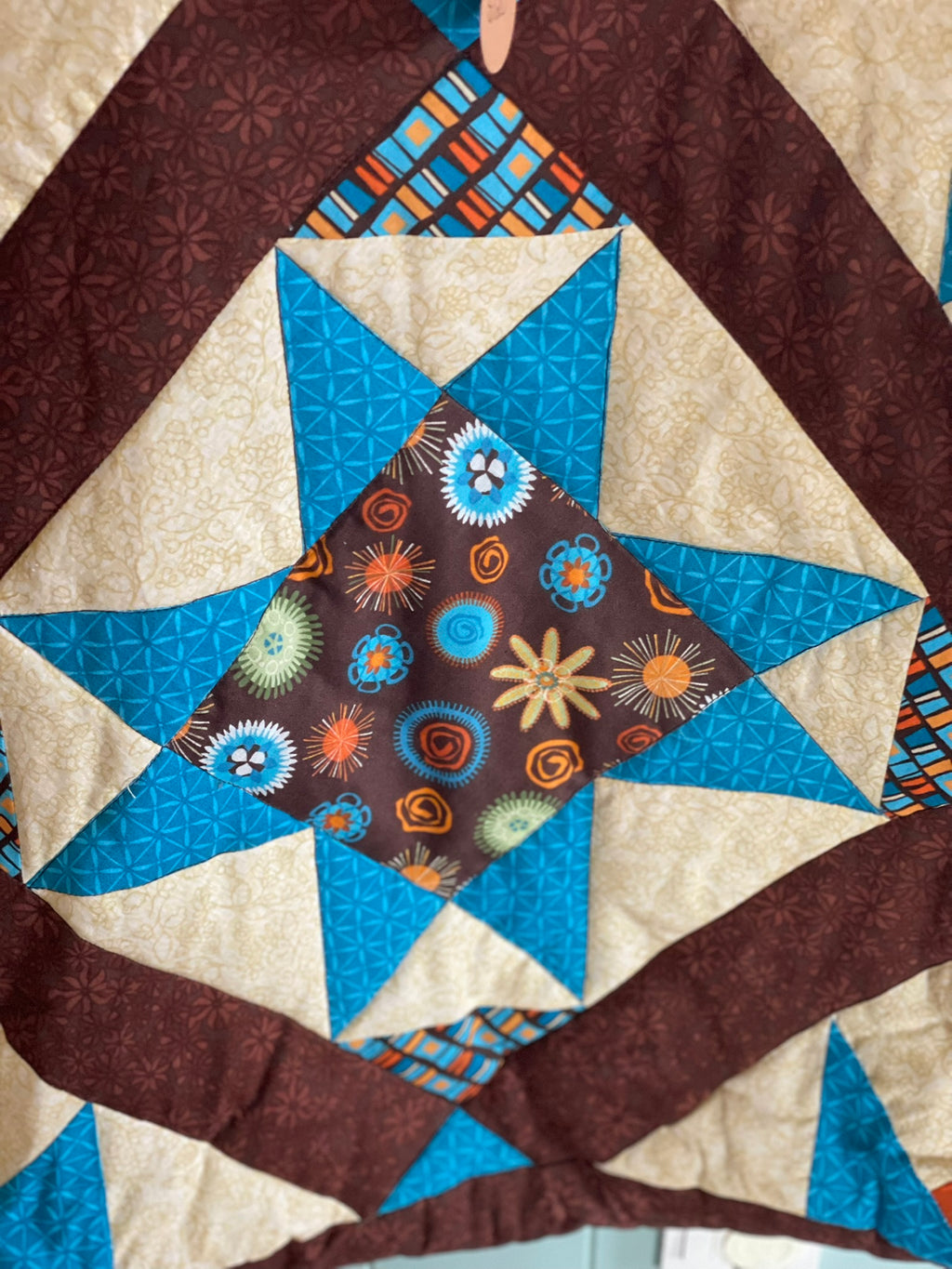 Everyday Tote Bag - Quilted Patchwork Orange/Blue and Brown