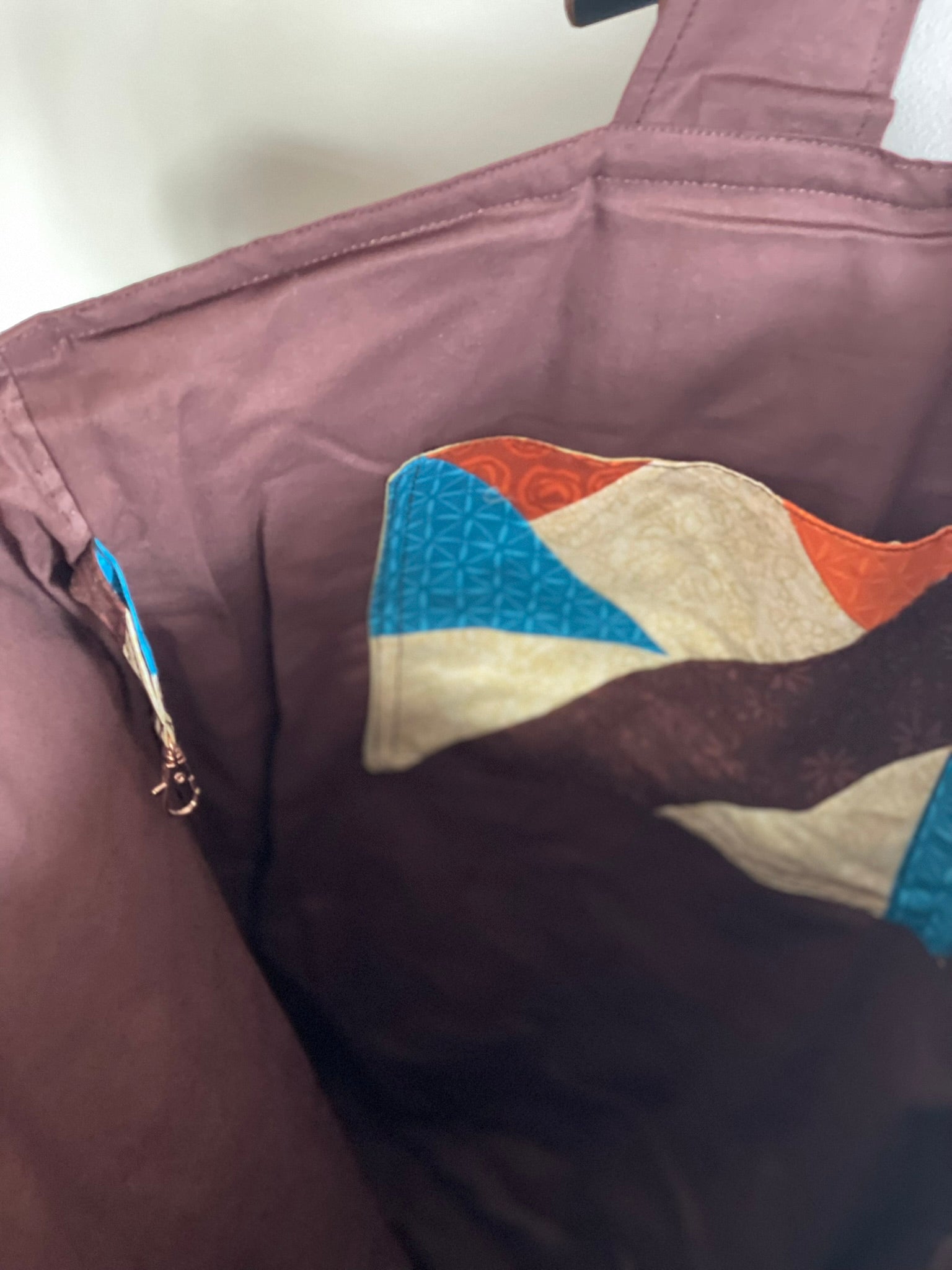 Everyday Tote Bag - Quilted Patchwork Orange/Blue and Brown