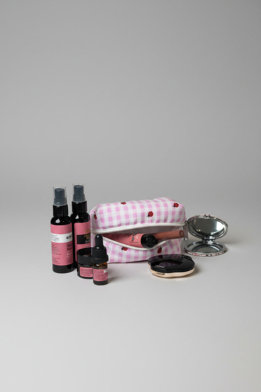 Boxy Pouch - Pink and White Checkered embroidered with Strawberries and Cherries - Small
