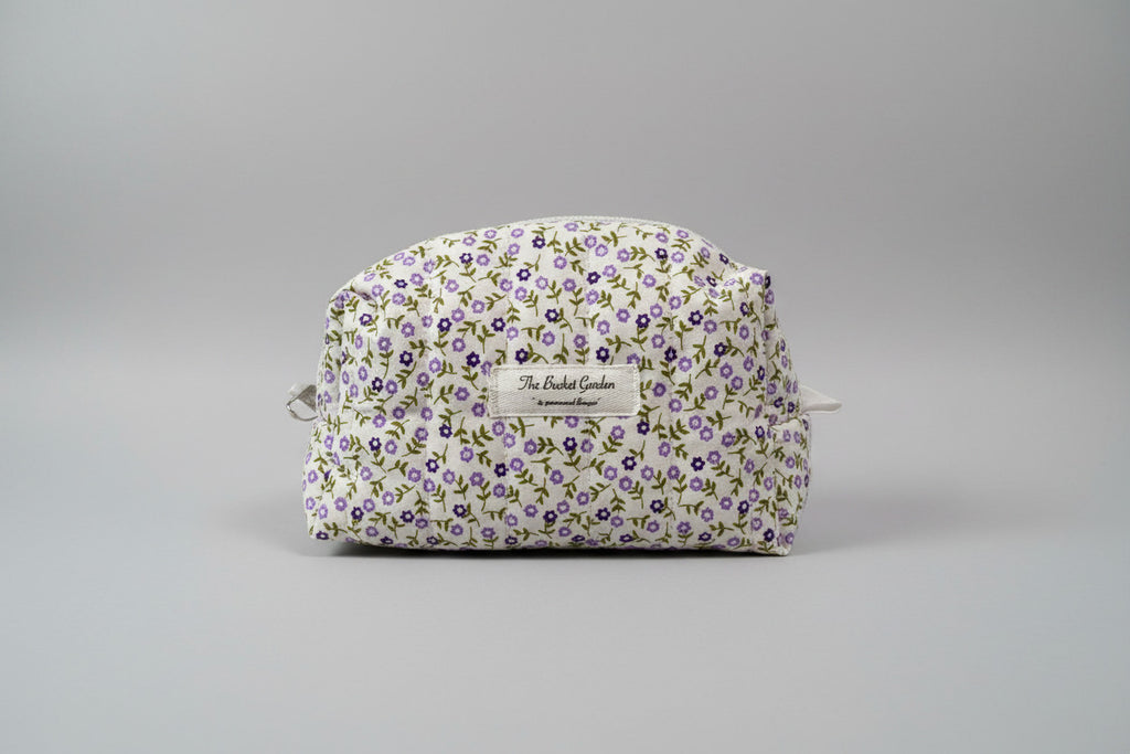 Boxy Pouch - White with Purple Flowers - Small