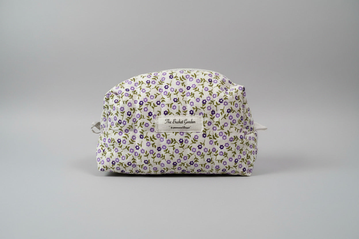 Boxy Pouch - White with Purple Flowers - Small