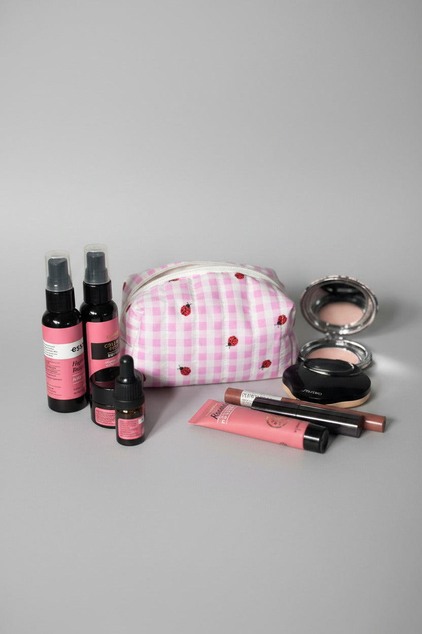 Boxy Pouch - Pink and White Checkered with Ladybirds