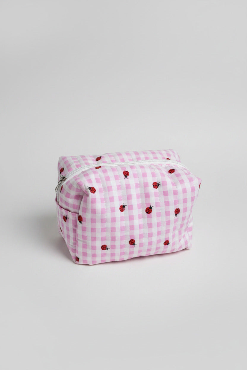 Boxy Pouch - Pink and White Checkered with Ladybirds - Medium